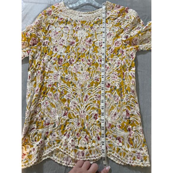 Solitaire Mustard Yellow and Rose Print Embroidered Cottage Core Blouse L - Picture 11 of 11
